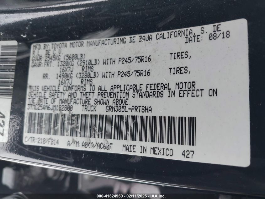 2018 Toyota Tacoma Sr V6 VIN: 3TMCZ5AN6JM182800 Lot: 41524950