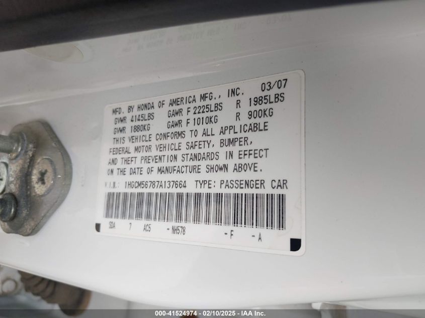 2007 Honda Accord 2.4 Ex VIN: 1HGCM56787A137664 Lot: 41524974