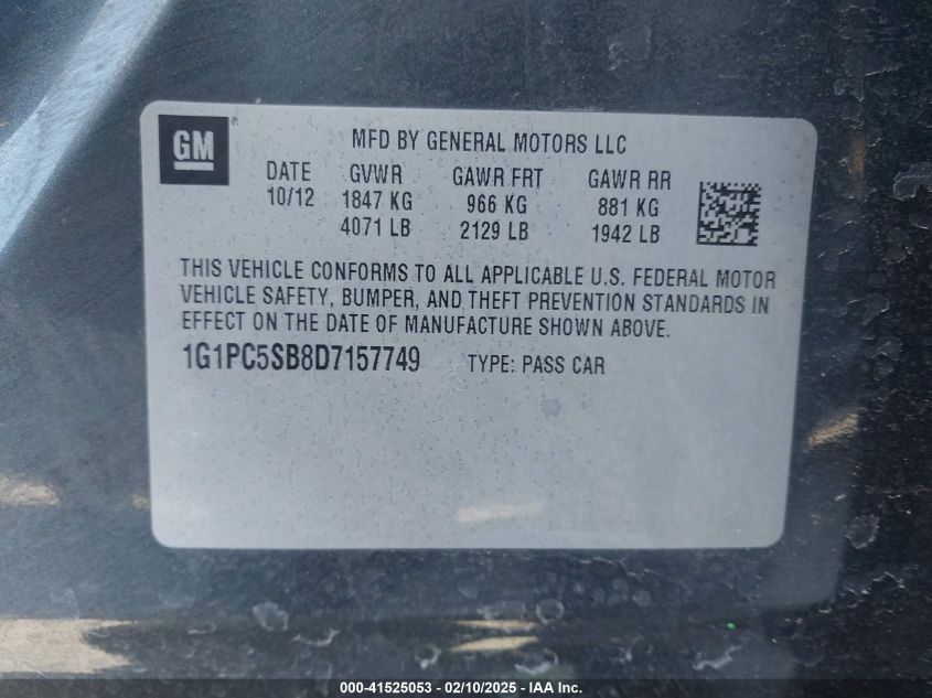 2013 Chevrolet Cruze 1Lt Auto VIN: 1G1PC5SB8D7157749 Lot: 41525053