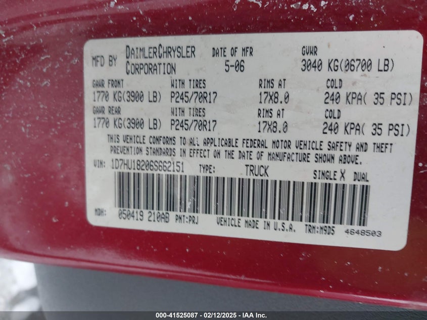 2006 DODGE RAM 1500 VIN: 1D7HU18206S662151