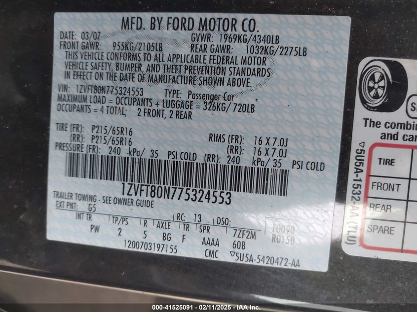 2007 FORD MUSTANG VIN: 1ZVFT80N775324553