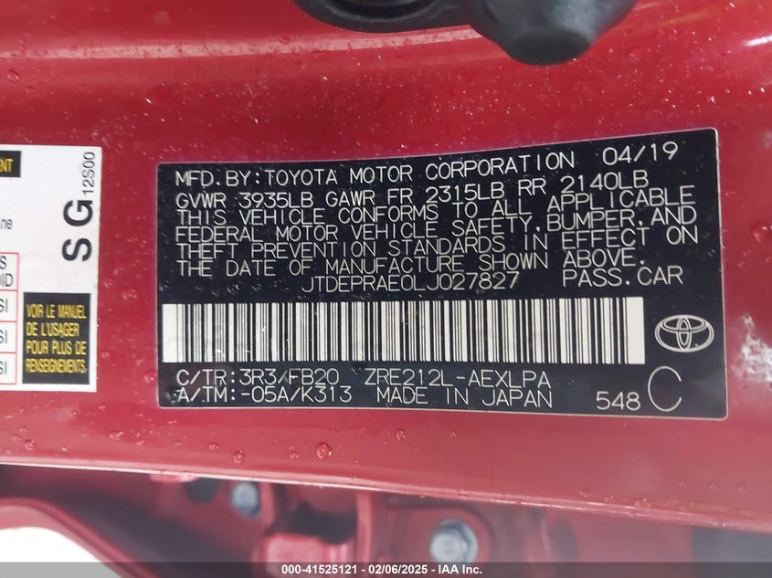 2020 TOYOTA COROLLA VIN: JTDEPRAE0LJ027827