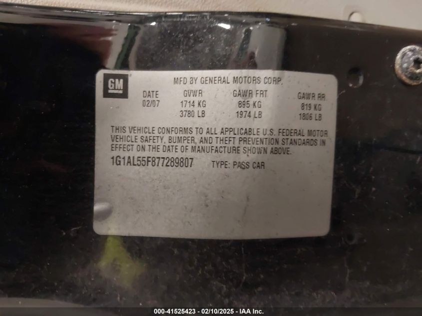 2007 Chevrolet Cobalt VIN: SHAKIYLACOXEVANS Lot: 41525423