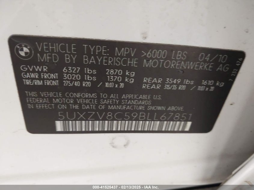 2011 BMW X5 xDrive50I VIN: 5UXZV8C59BLL67851 Lot: 41525437