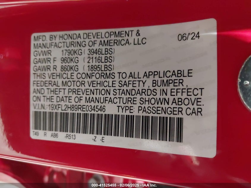 VIN 19XFL2H89RE034546 2024 HONDA CIVIC SPORT