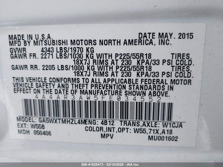 2015 MITSUBISHI OUTLANDER SPORT ES - 4A4AR3AW5FE034552