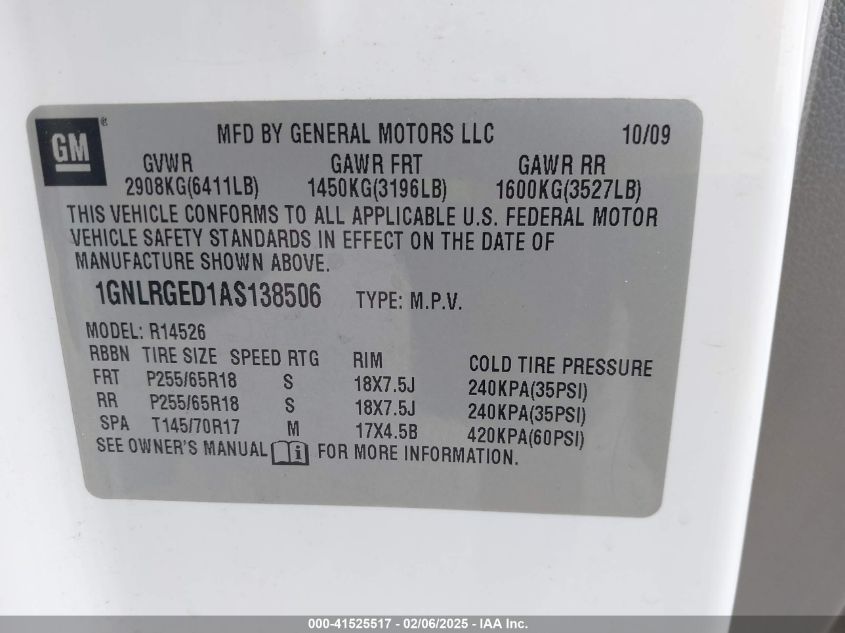 2010 Chevrolet Traverse Lt VIN: 1GNLRGED1AS138506 Lot: 41525517