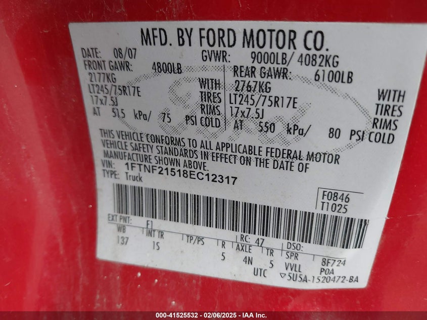 2008 FORD F-250 VIN: 1FTNF21518EC12317
