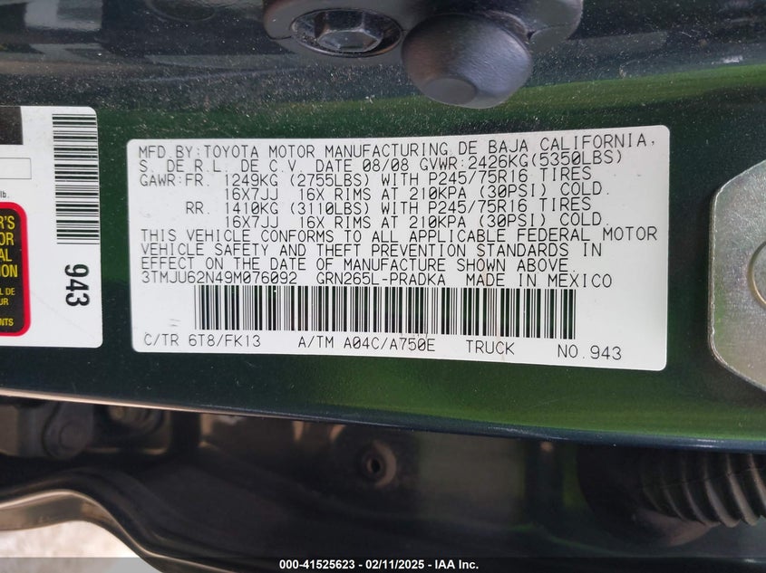 2009 TOYOTA TACOMA VIN: 3TMJU62N49M076092