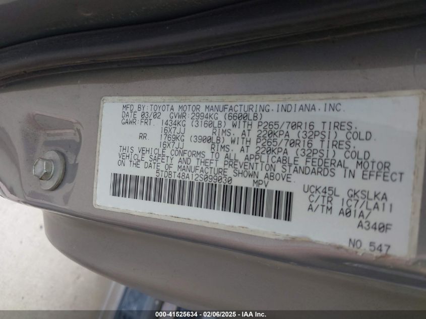 2002 Toyota Sequoia Limited V8 VIN: 5TDBT48A12S099030 Lot: 41525634