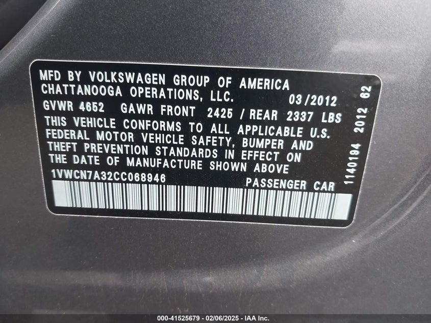 2012 VOLKSWAGEN PASSAT VIN: 1VWCN7A32CC068946