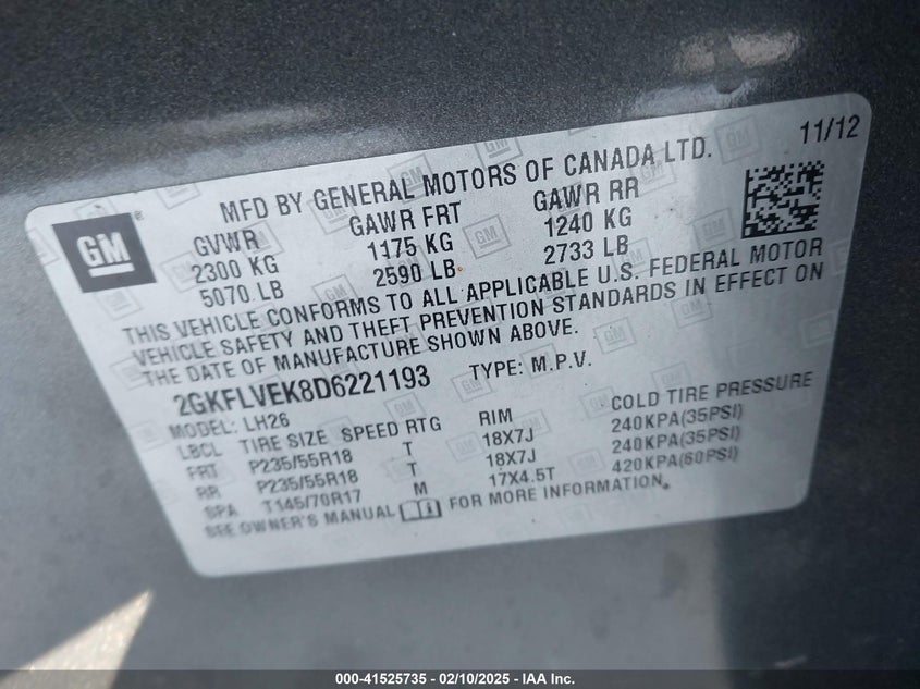 2013 GMC TERRAIN VIN: 2GKFLVEK8D6221193