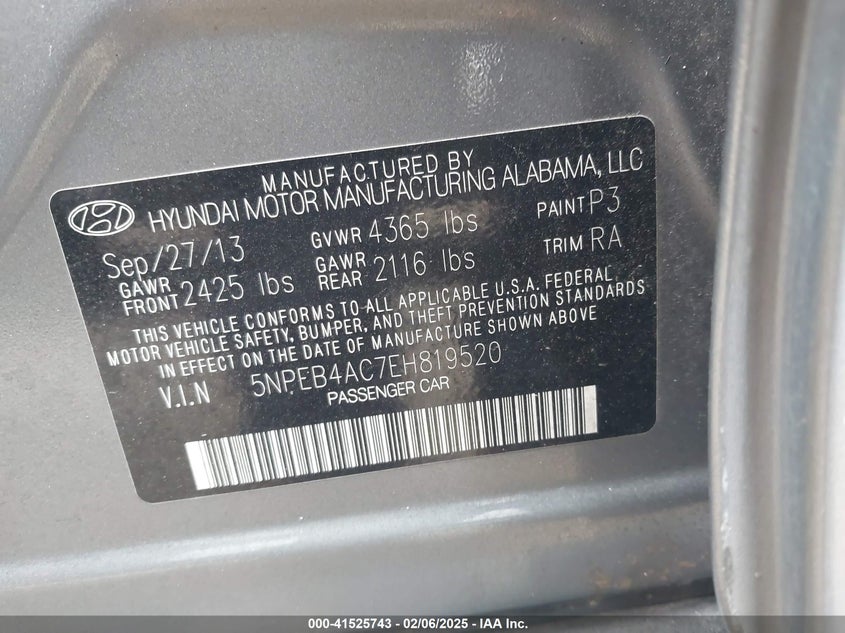 2014 HYUNDAI SONATA VIN: 5NPEB4AC7EH819520