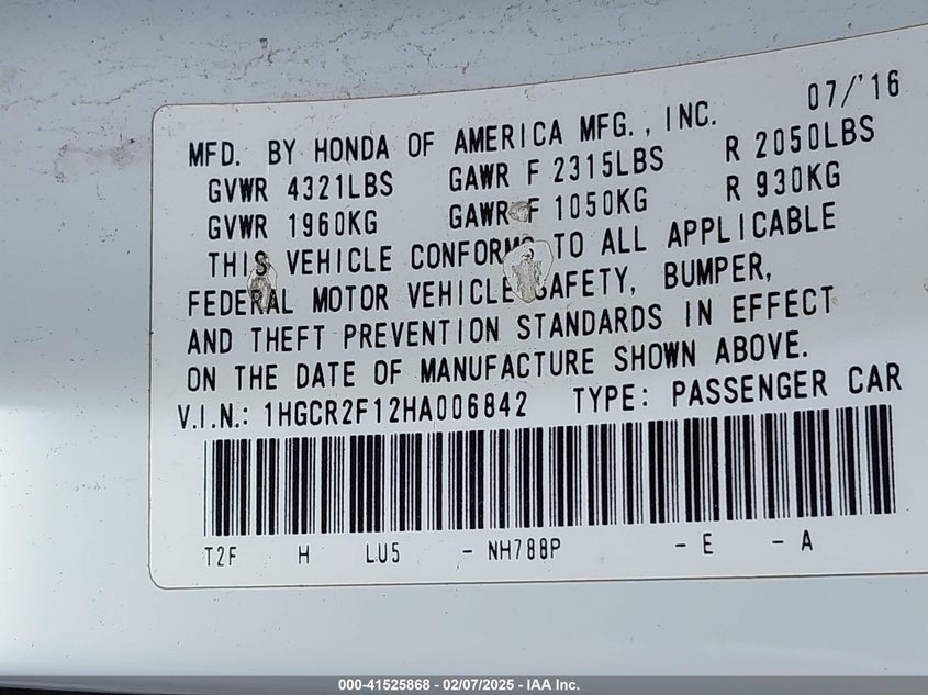 2017 HONDA ACCORD VIN: 1HGCR2F12HA006842