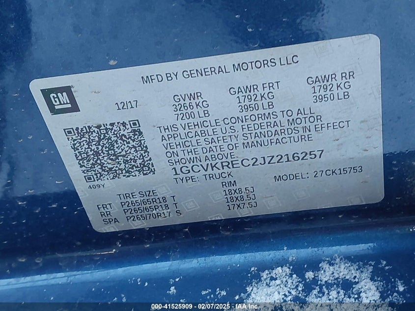 2018 CHEVROLET SILVERADO VIN: 1GCVKREC2JZ216257