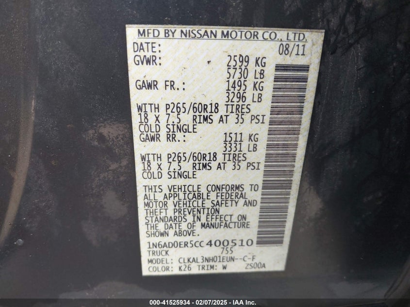 2012 NISSAN FRONTIER VIN: 1N6AD0ER5CC400510