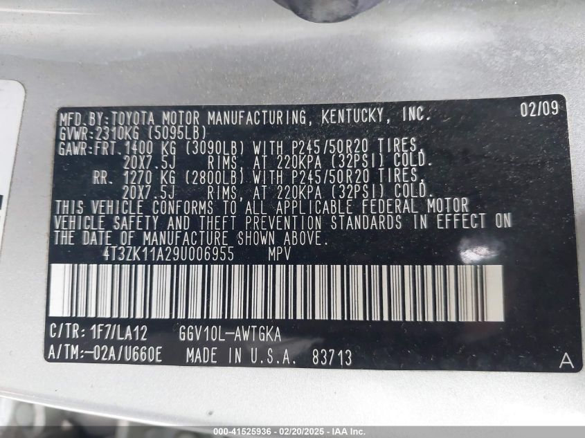 2009 Toyota Venza Base V6 VIN: 4T3ZK11A29U006955 Lot: 41525936