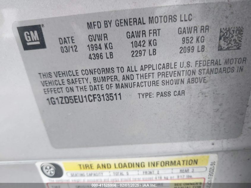 2012 Chevrolet Malibu 2Lt VIN: 1G1ZD5EU1CF313511 Lot: 41525956