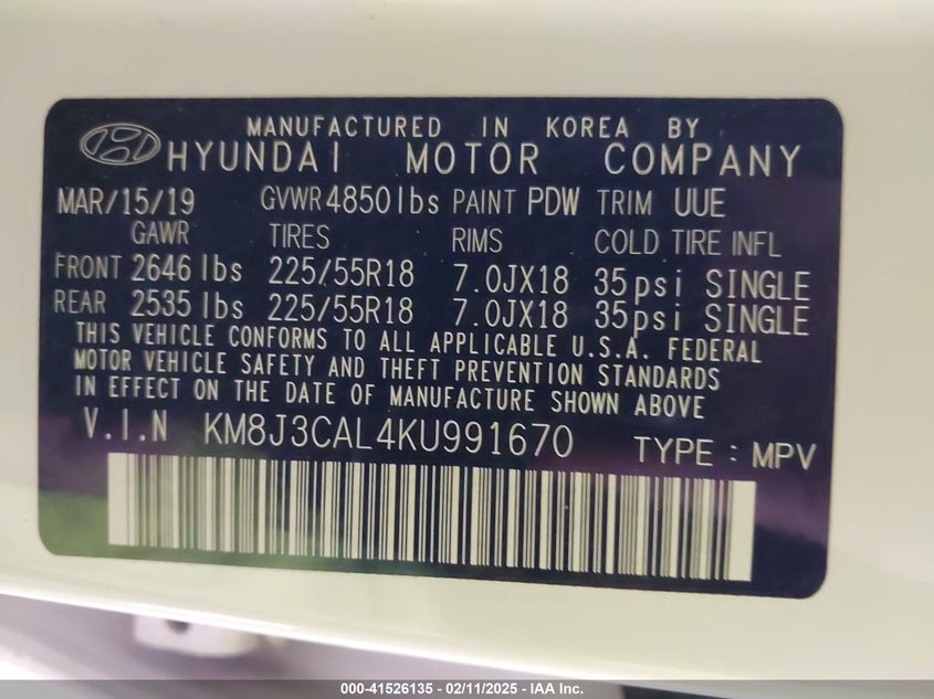 2019 HYUNDAI TUCSON VIN: KM8J3CAL4KU991670