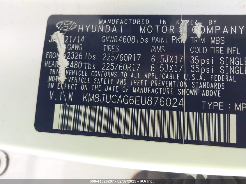 2014 Hyundai Tucson Se VIN: KM8JUCAG6EU876024 Lot: 41526297