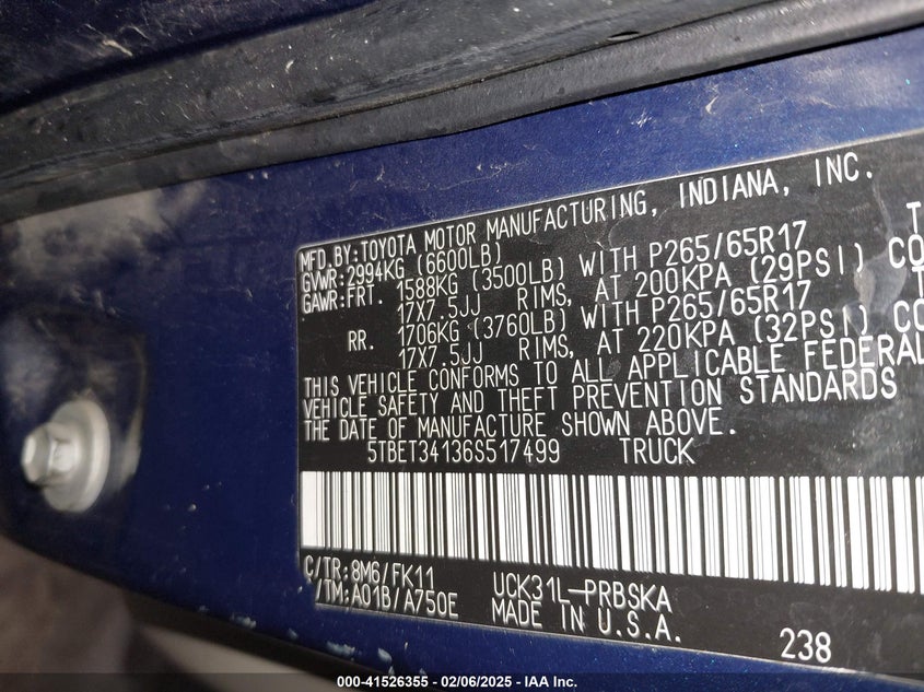 2006 TOYOTA TUNDRA VIN: 5TBET34136S517499