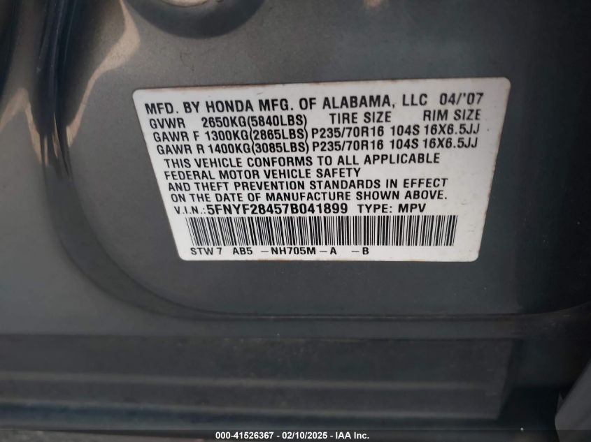 2007 Honda Pilot Ex VIN: 5FNYF28457B041899 Lot: 41526367