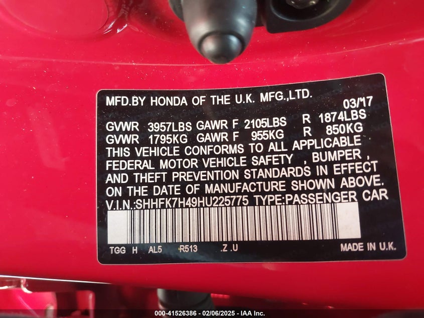 2017 HONDA CIVIC VIN: SHHFK7H49HU225775