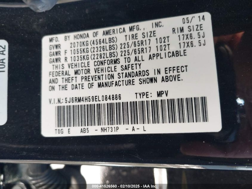 2014 Honda Cr-V Ex VIN: 5J6RM4H59EL084886 Lot: 41526560