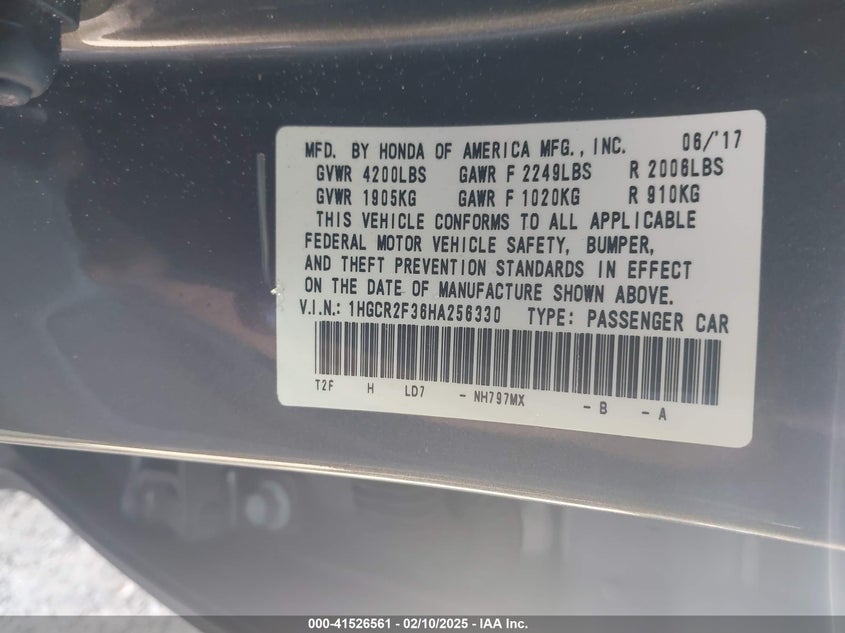2017 HONDA ACCORD VIN: 1HGCR2F36HA256330
