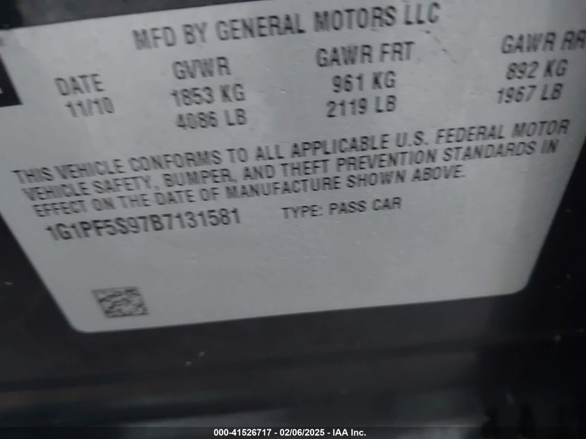 2011 CHEVROLET CRUZE VIN: 1G1PF5S97B7131581