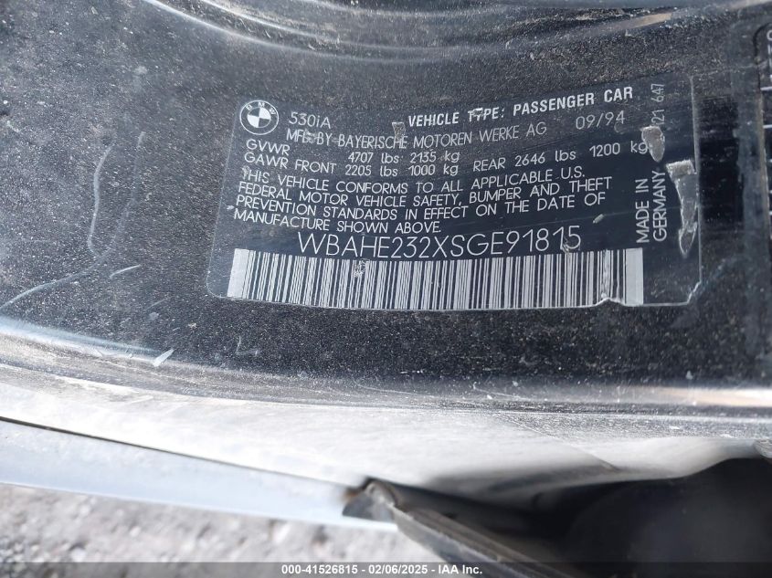 1995 BMW 530 I Automatic VIN: WBAHE232XSGE91815 Lot: 41526815