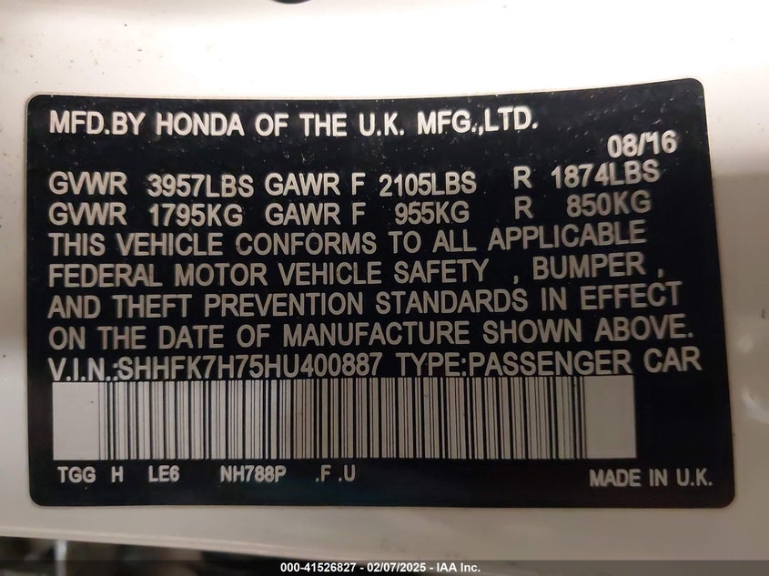 2017 HONDA CIVIC VIN: SHHFK7H75HU400887