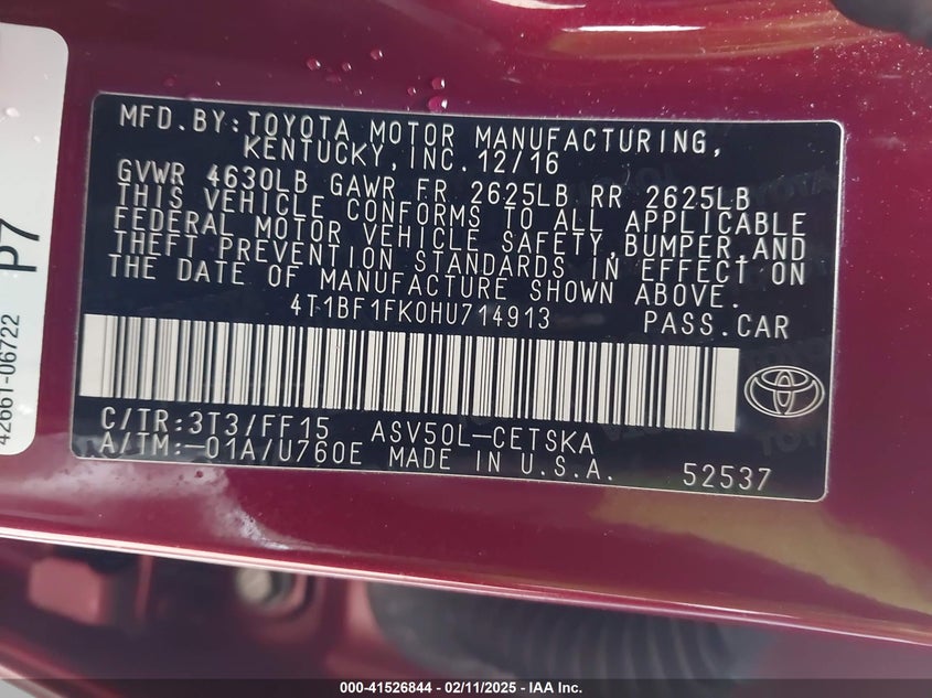 2017 TOYOTA CAMRY VIN: 4T1BF1FK0HU714913