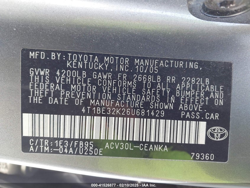 2006 TOYOTA CAMRY VIN: 4T1BE32K26U681429