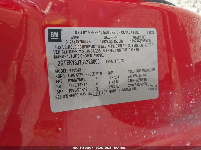 2008 GMC Sierra 1500 Sle1 VIN: 2GTEK13J781328090 Lot: 41526937