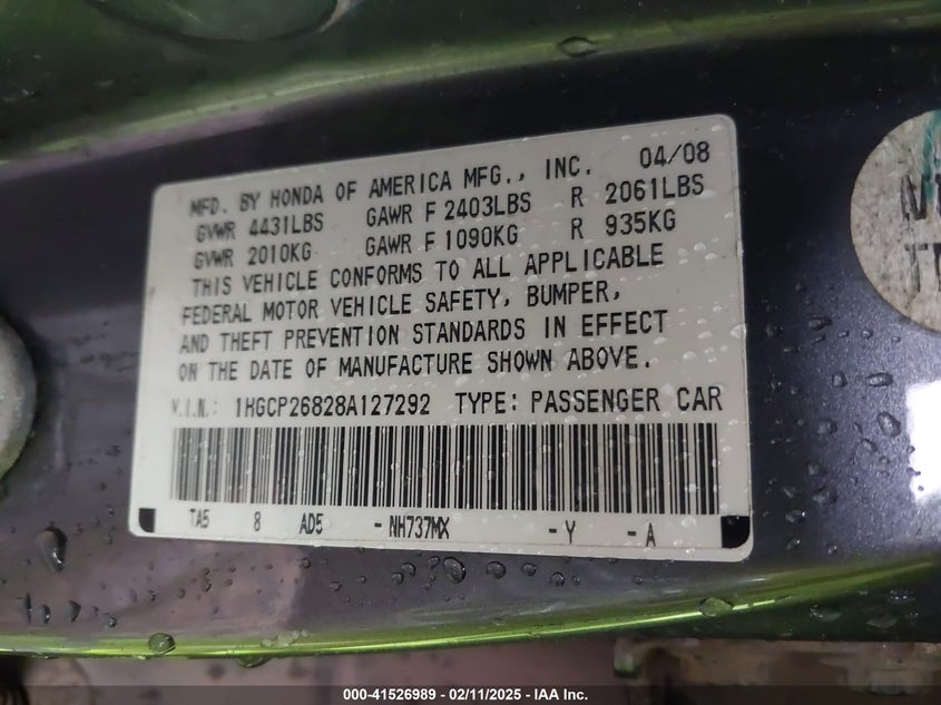 2008 HONDA ACCORD VIN: 1HGCP26828A127292