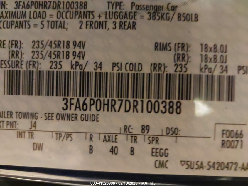 2013 FORD FUSION VIN: 3FA6P0HR7DR100388