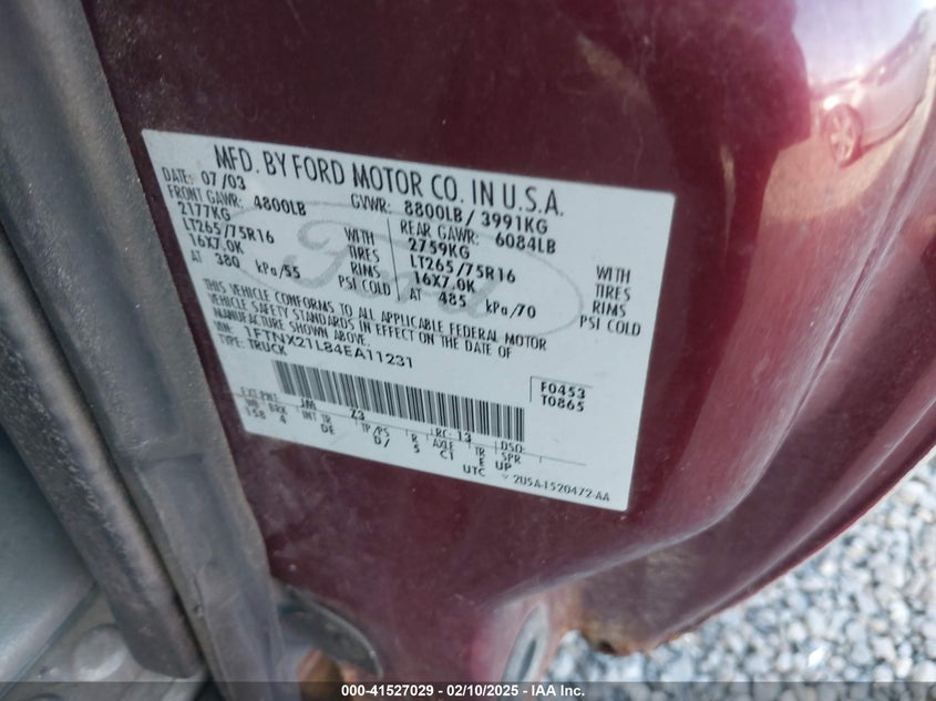 2004 Ford F-250 Lariat/Xl/Xlt VIN: 1FTNX21L84EA11231 Lot: 41527029