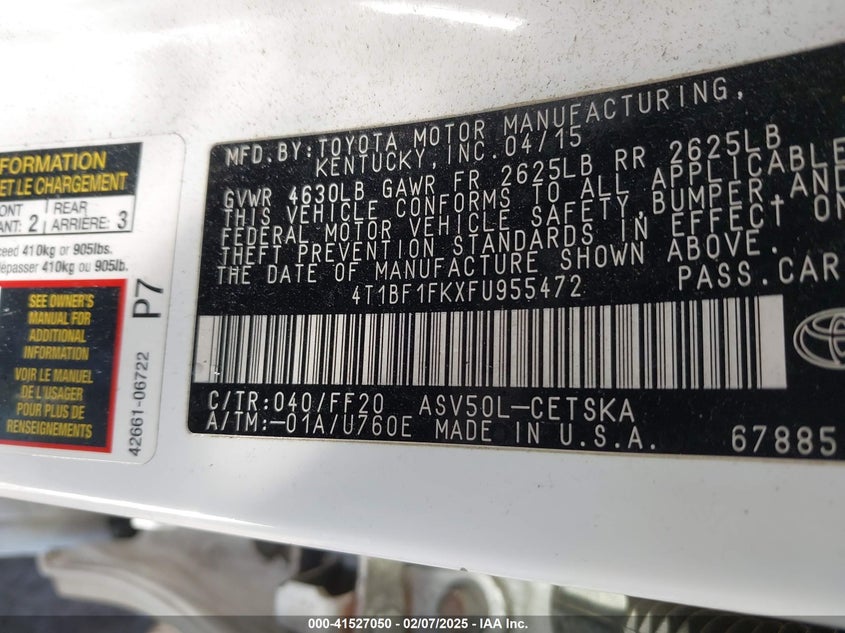 2015 TOYOTA CAMRY SE VIN: 4T1BF1FKXFU955472