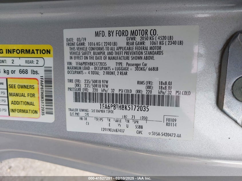 2019 Ford Mustang Ecoboost Premium VIN: 1FA6P8TH8K5172035 Lot: 41527251