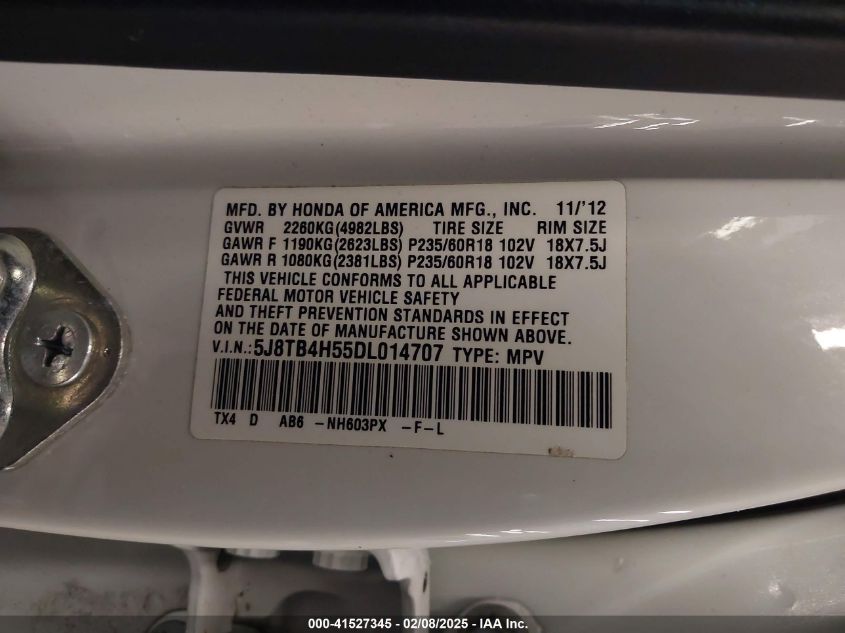 2013 Acura Rdx VIN: 5J8TB4H55DL014707 Lot: 41527345
