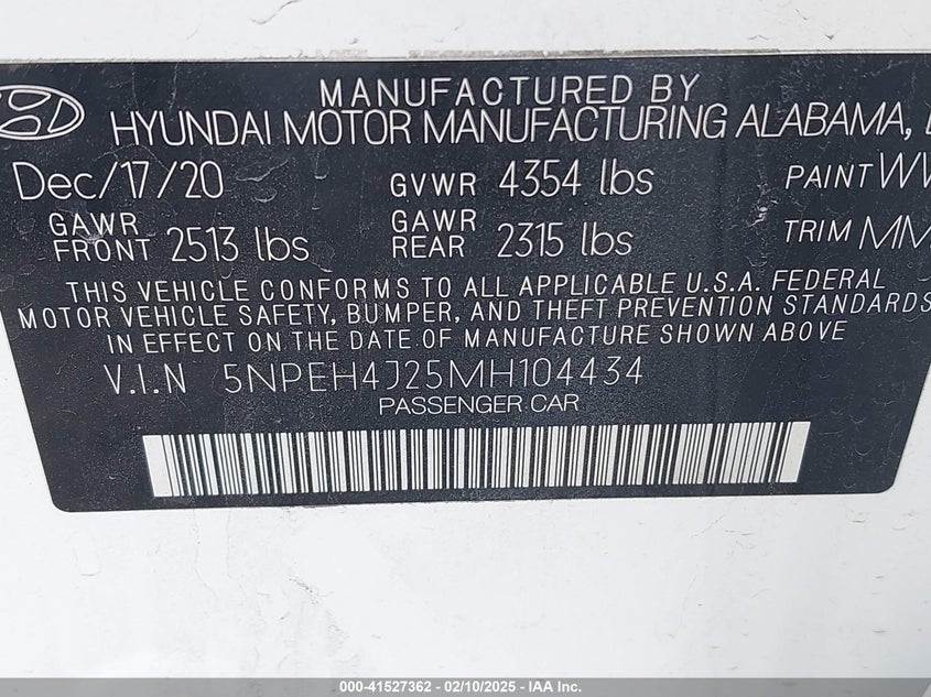 2021 HYUNDAI SONATA VIN: 5NPEH4J25MH104434