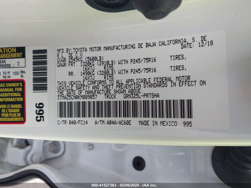2019 TOYOTA TACOMA VIN: 3TMAZ5CN0KM089857