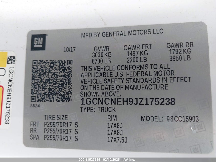 2018 CHEVROLET SILVERADO 1500 VIN: 1GCNCNEH9JZ175238