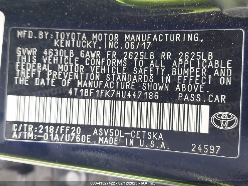 2017 TOYOTA CAMRY VIN: 4T1BF1FK7HU447186