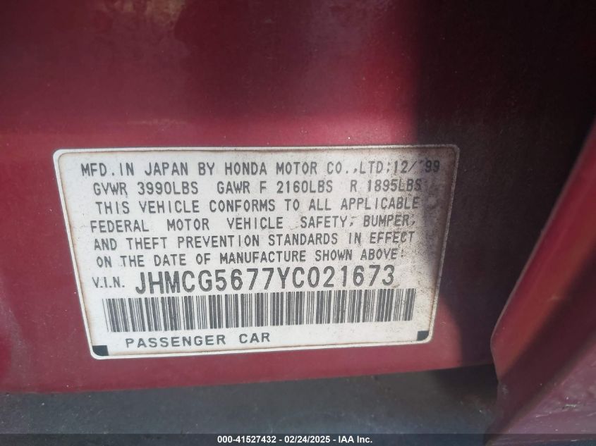 2000 Honda Accord 2.3 Se VIN: JHMCG5677YC021673 Lot: 41527432