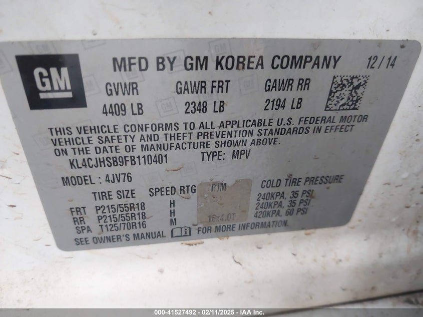 2015 BUICK ENCORE VIN: KL4CJHSB9FB110401