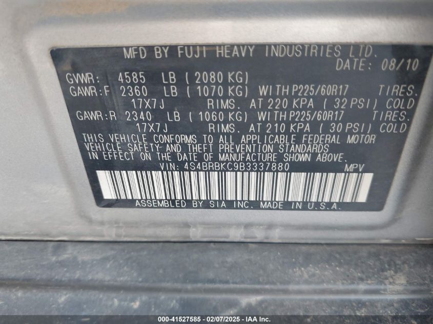 2011 Subaru Outback 2.5I Limited VIN: 4S4BRBKC9B3337880 Lot: 41527585