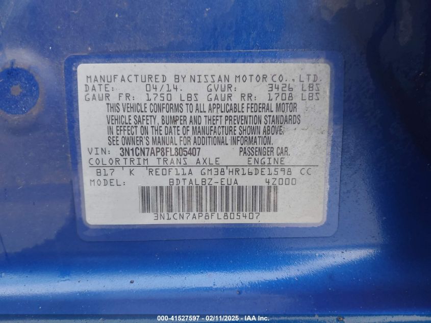 2015 Nissan Versa VIN: 3M1CM78P8FL805407 Lot: 41527597