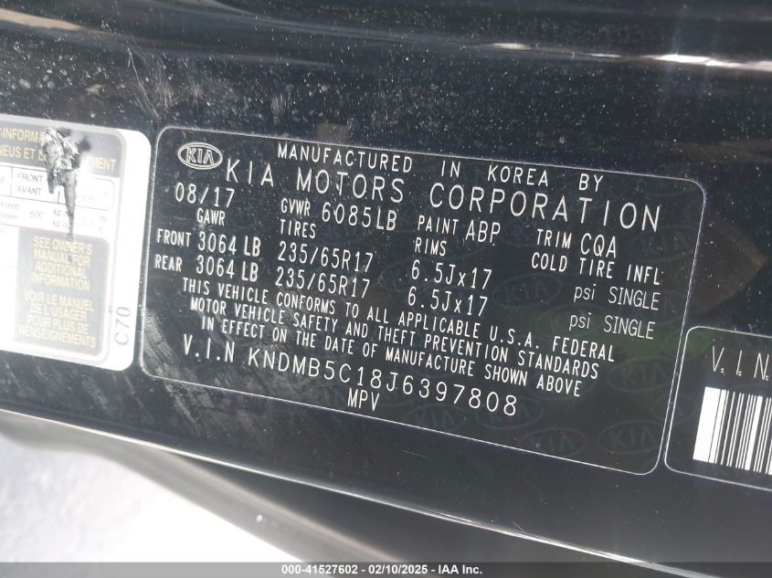 2018 Kia Sedona Lx VIN: KNDMB5C18J6397808 Lot: 41527602